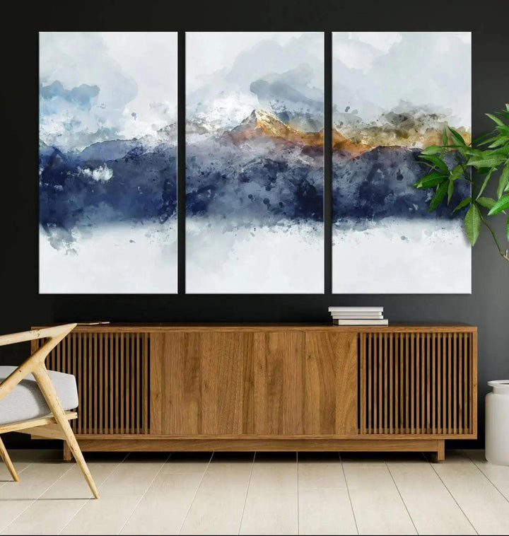 Abstract Mountain Range Art Canvas Print | 3 Panel Watercolor Landscape for Living Room, Office, or Bedroom | Large Ready-to-Hang Artwork