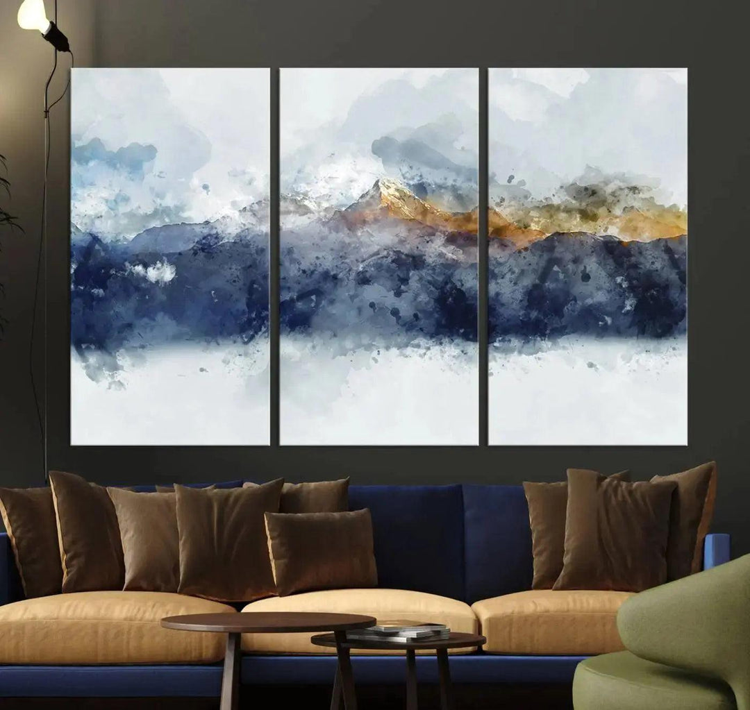 Abstract Mountain Range Art Canvas Print | 3 Panel Watercolor Landscape for Living Room, Office, or Bedroom | Large Ready-to-Hang Artwork