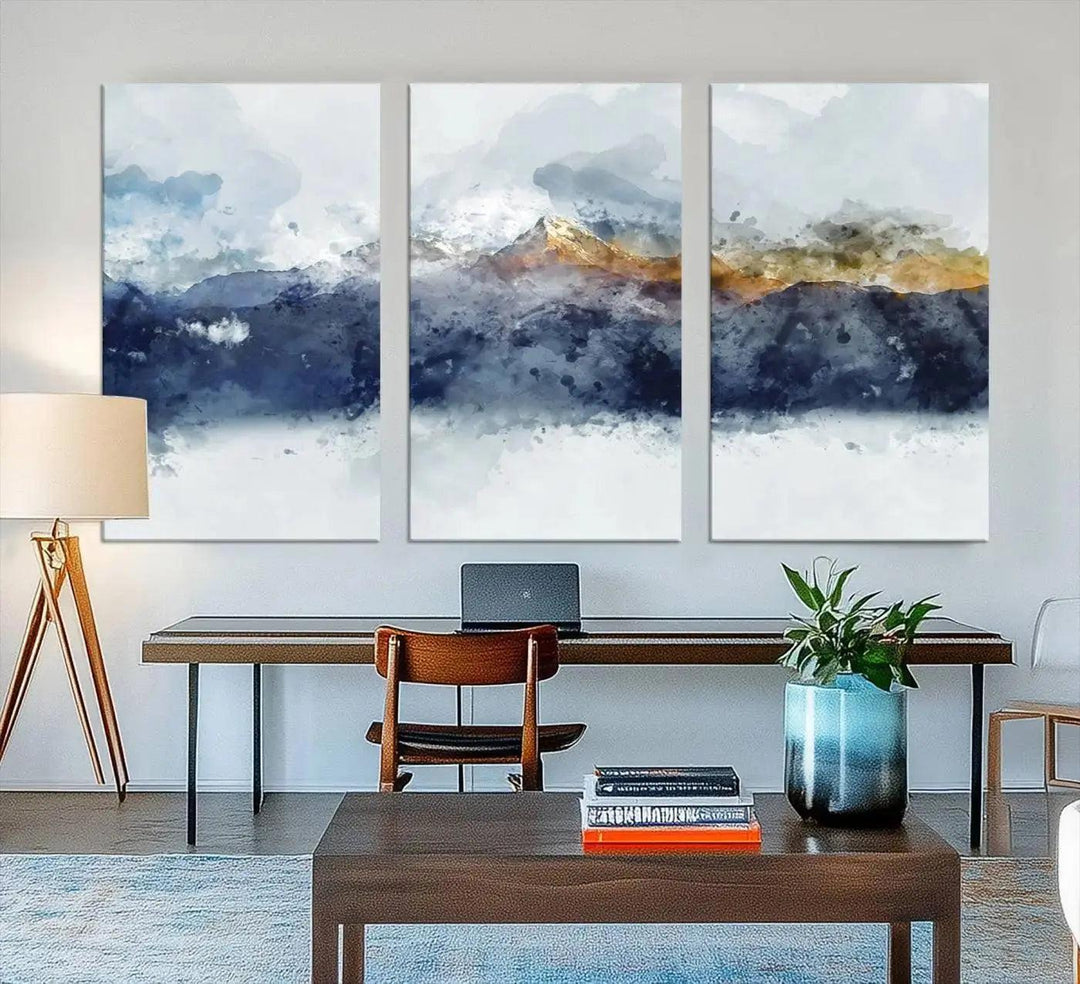 Abstract Mountain Range Art Canvas Print | 3 Panel Watercolor Landscape for Living Room, Office, or Bedroom | Large Ready-to-Hang Artwork