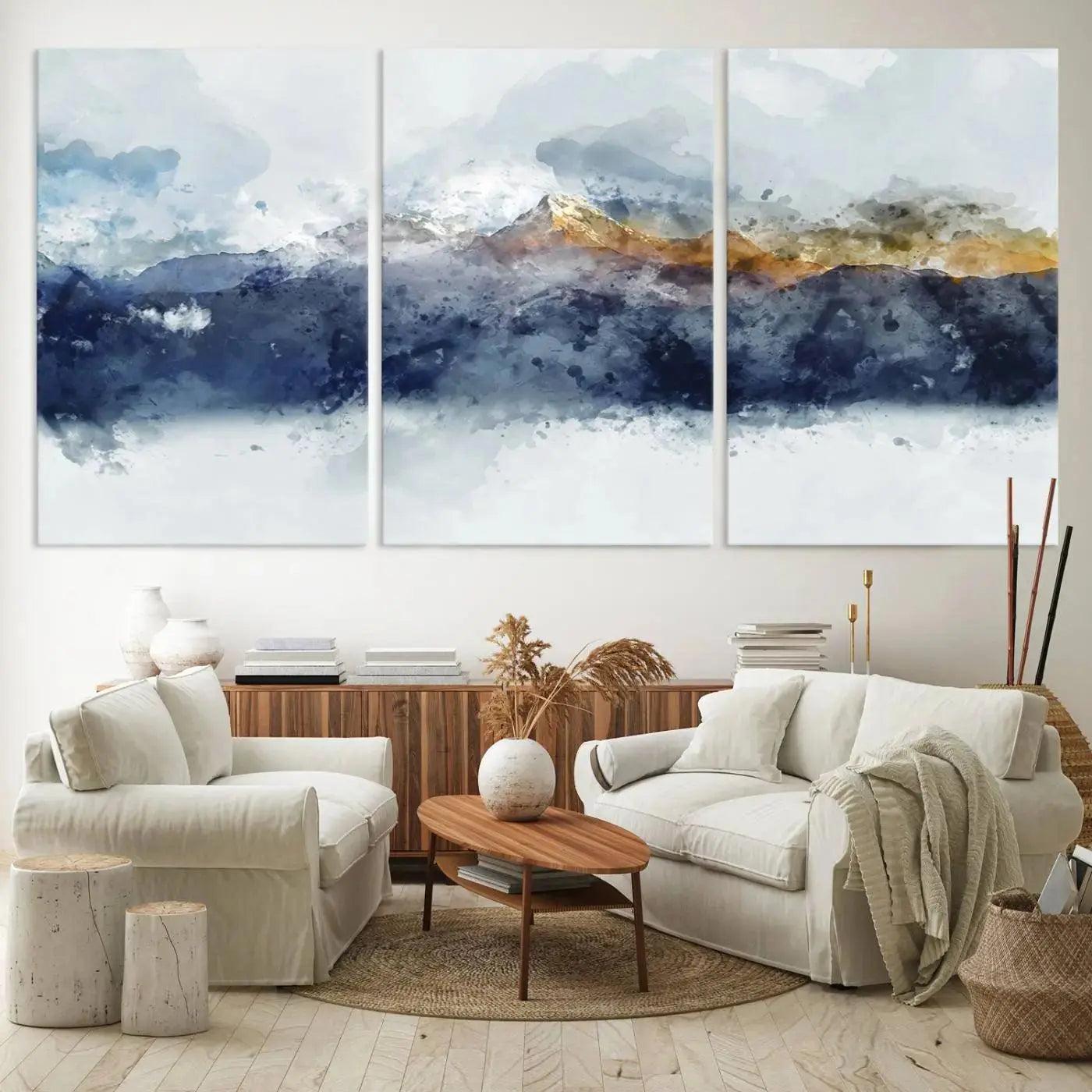 Abstract Mountain Range Art Canvas Print | 3 Panel Watercolor Landscape for Living Room, Office, or Bedroom | Large Ready-to-Hang Artwork