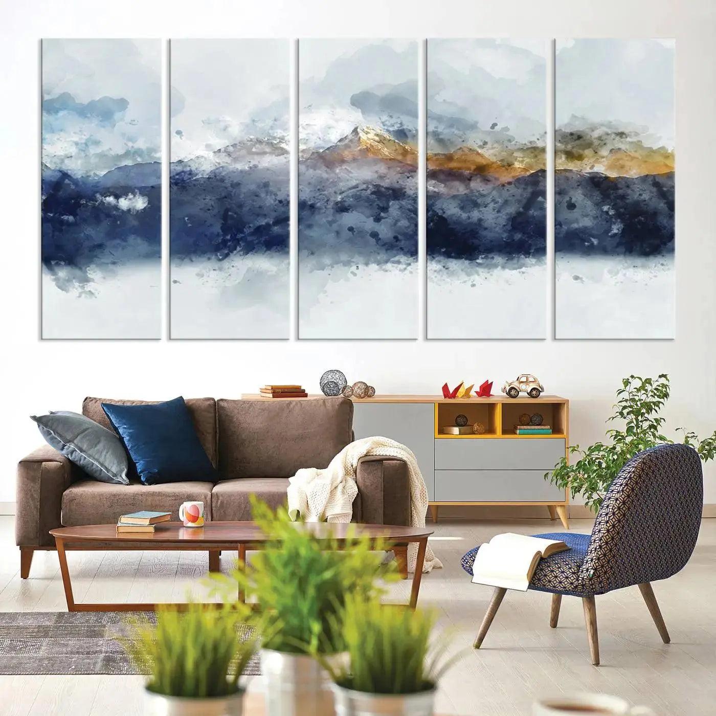 Abstract Mountain Range Art Canvas Print | 3 Panel Watercolor Landscape for Living Room, Office, or Bedroom | Large Ready-to-Hang Artwork