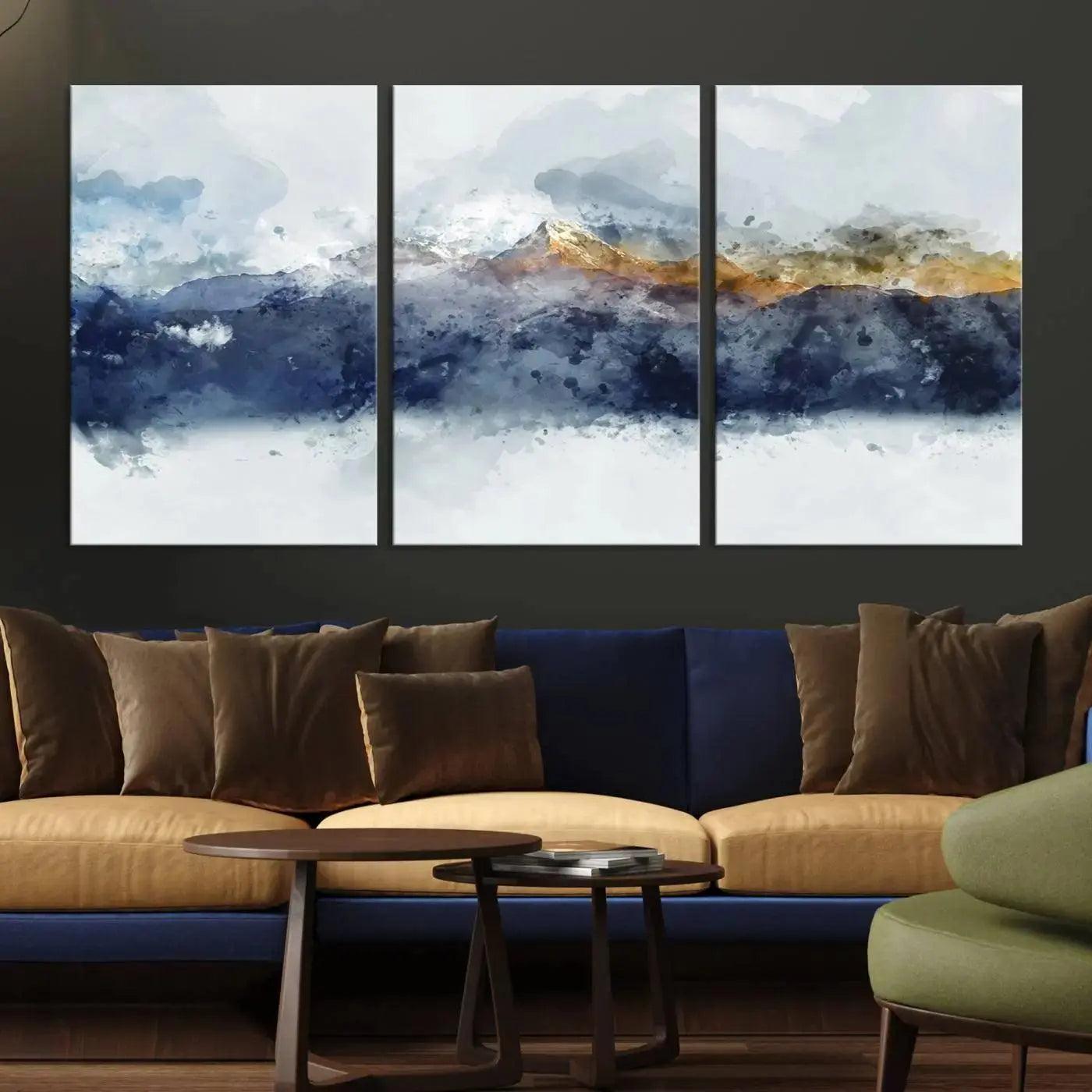 Abstract Mountain Range Art Canvas Print | 3 Panel Watercolor Landscape for Living Room, Office, or Bedroom | Large Ready-to-Hang Artwork
