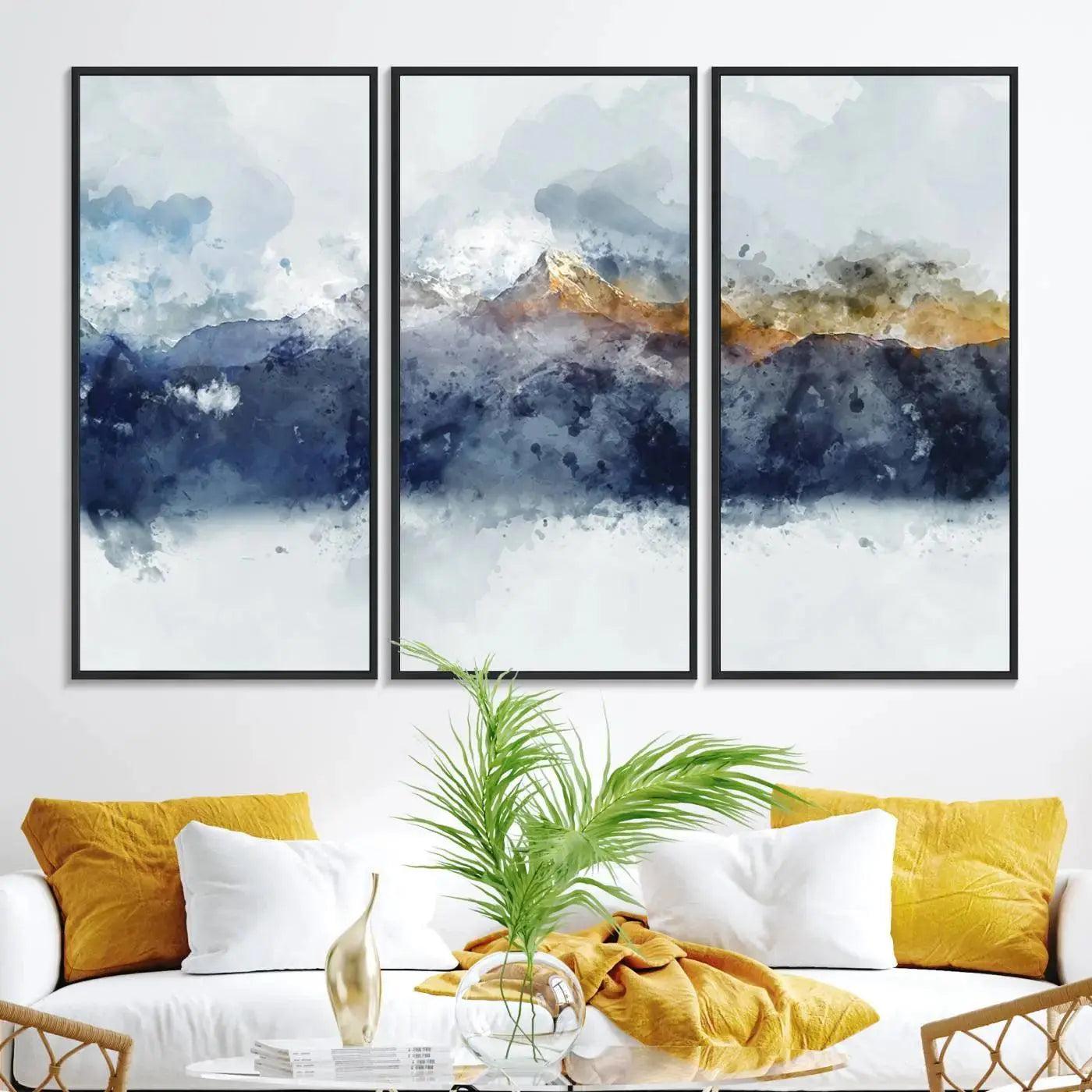 89149-MGV-FC-48X32-3P_Black-Abstract Mountain Range Art Canvas Print | 3 Panel Watercolor Landscape for Living Room, Office, or Bedroom | Large Ready-to-Hang Artwork