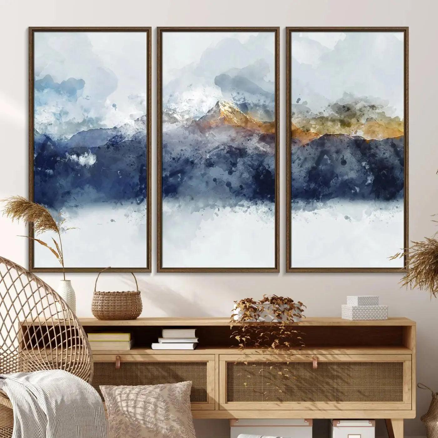 89149-MGV-FC-48X32-3P_Walnut-Abstract Mountain Range Art Canvas Print | 3 Panel Watercolor Landscape for Living Room, Office, or Bedroom | Large Ready-to-Hang Artwork