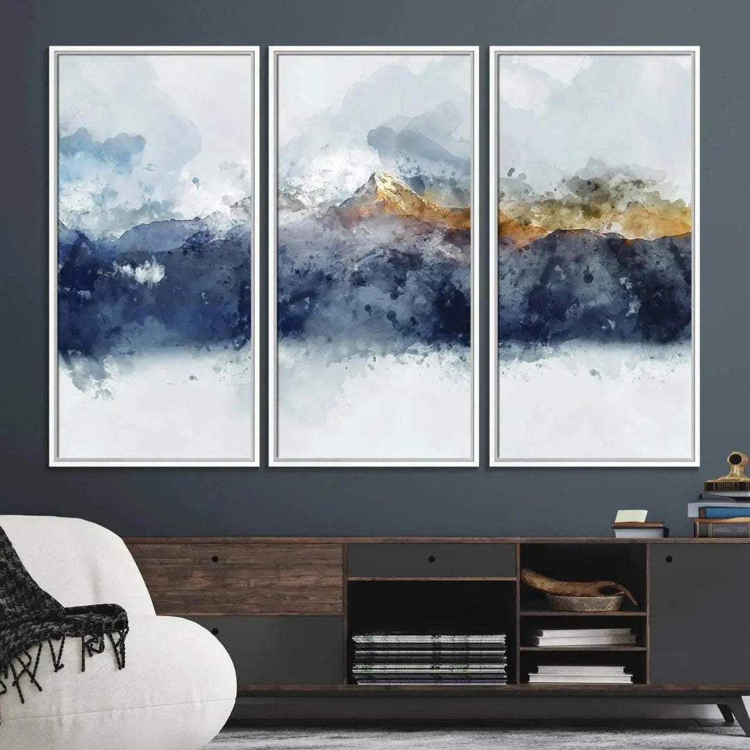 89149-MGV-FC-48X32-3P_White-Abstract Mountain Range Art Canvas Print | 3 Panel Watercolor Landscape for Living Room, Office, or Bedroom | Large Ready-to-Hang Artwork