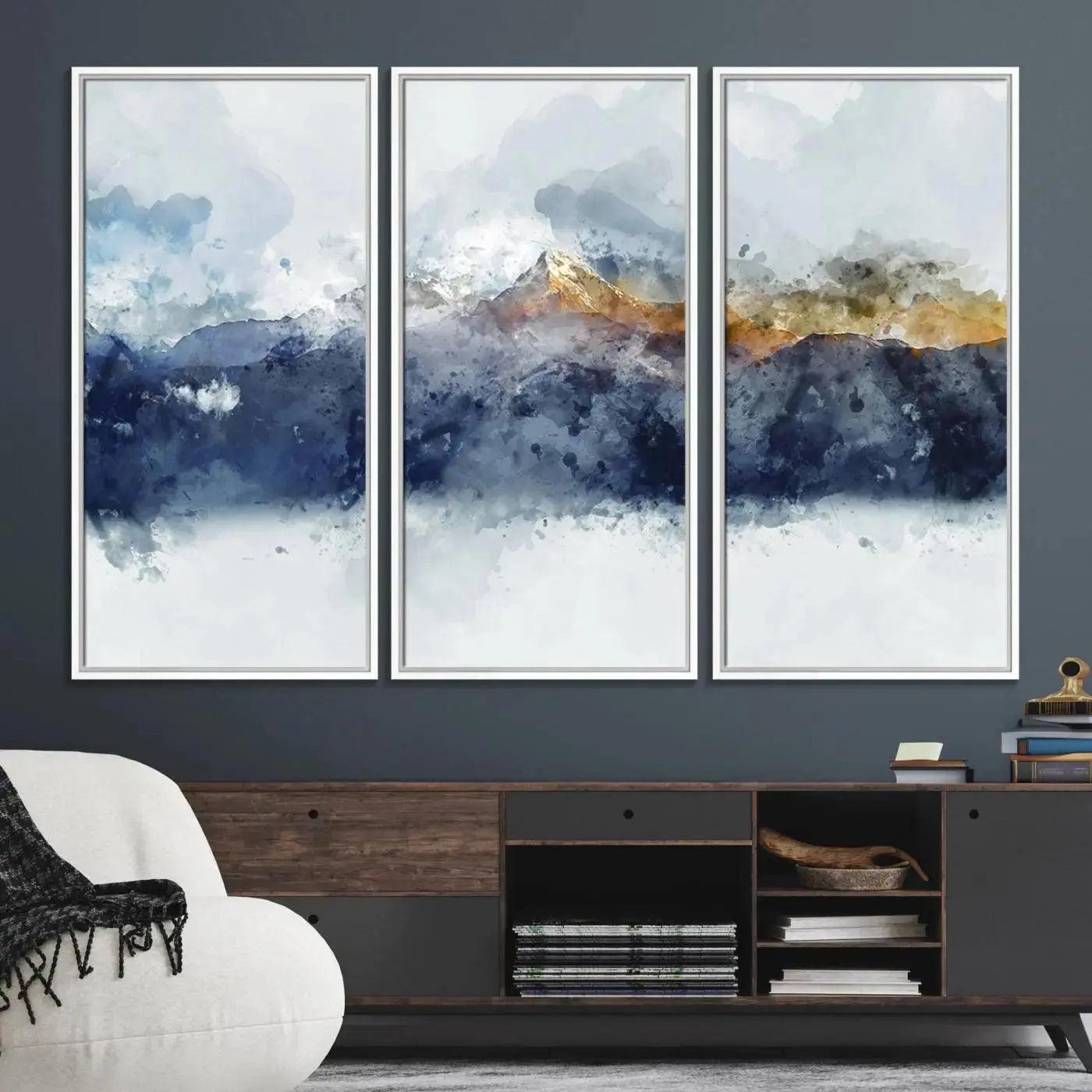 89149-MGV-FC-48X32-3P_White-Abstract Mountain Range Art Canvas Print | 3 Panel Watercolor Landscape for Living Room, Office, or Bedroom | Large Ready-to-Hang Artwork