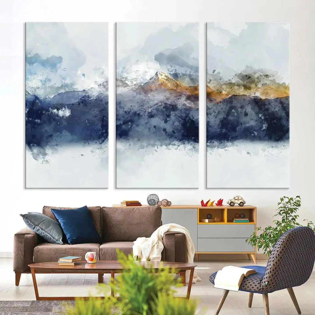 Abstract Mountain Range Art Canvas Print | 3 Panel Watercolor Landscape for Living Room, Office, or Bedroom | Large Ready-to-Hang Artwork