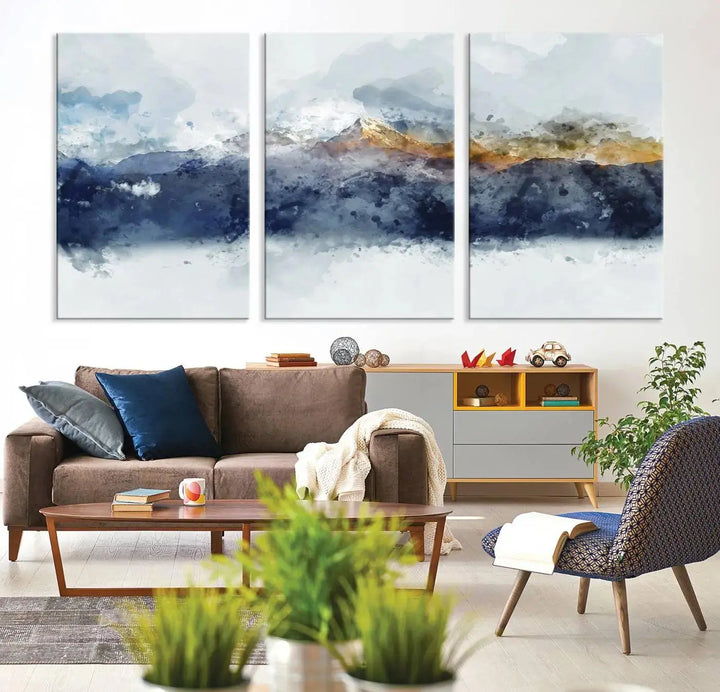 Abstract Mountain Range Art Canvas Print | 3 Panel Watercolor Landscape for Living Room, Office, or Bedroom | Large Ready-to-Hang Artwork