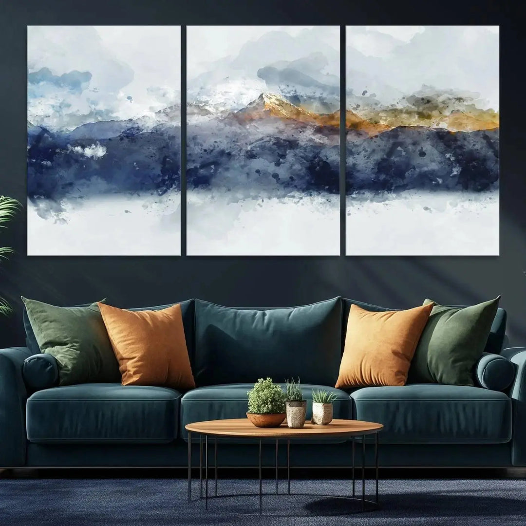 Abstract Mountain Range Art Canvas Print | 3 Panel Watercolor Landscape for Living Room, Office, or Bedroom | Large Ready-to-Hang Artwork