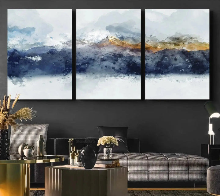 Abstract Mountain Range Art Canvas Print | 3 Panel Watercolor Landscape for Living Room, Office, or Bedroom | Large Ready-to-Hang Artwork