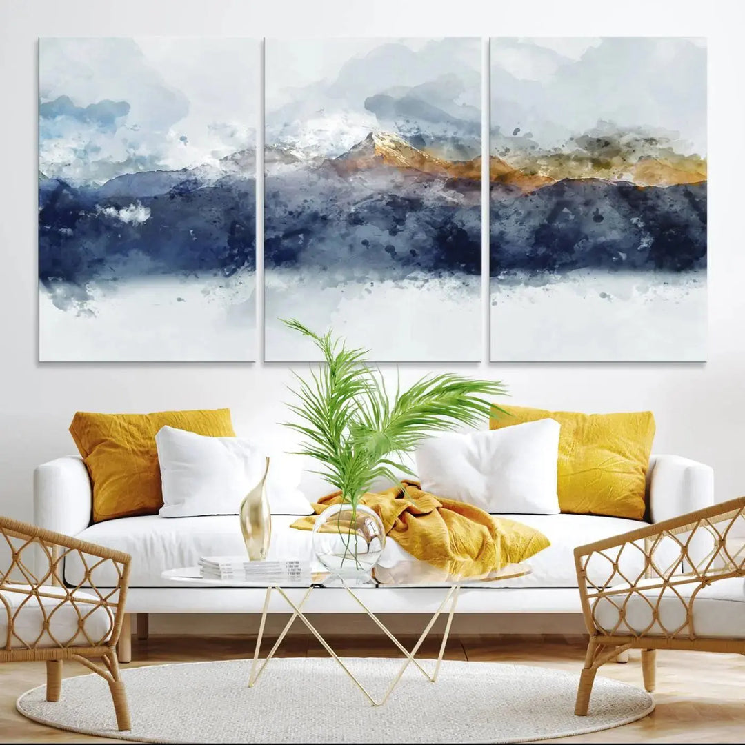 Abstract Mountain Range Art Canvas Print | 3 Panel Watercolor Landscape for Living Room, Office, or Bedroom | Large Ready-to-Hang Artwork