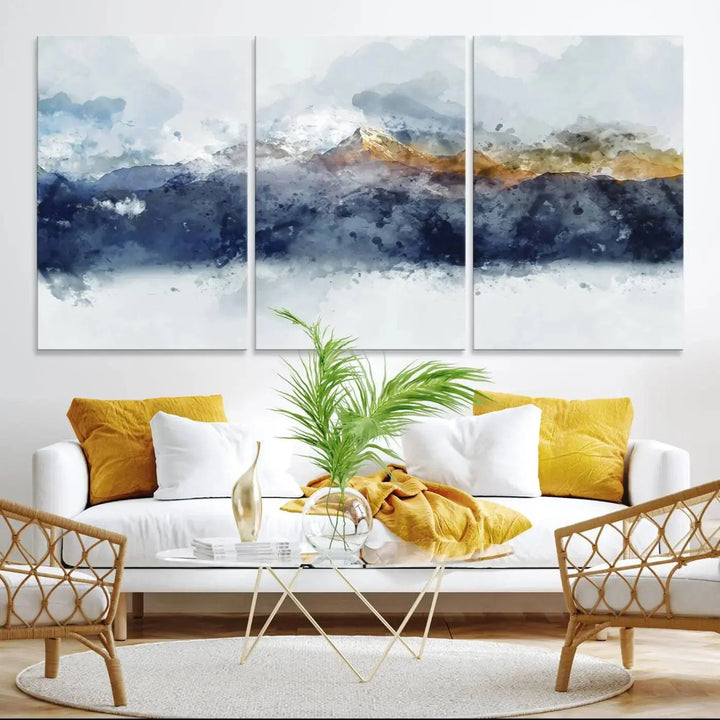 Abstract Mountain Range Art Canvas Print | 3 Panel Watercolor Landscape for Living Room, Office, or Bedroom | Large Ready-to-Hang Artwork