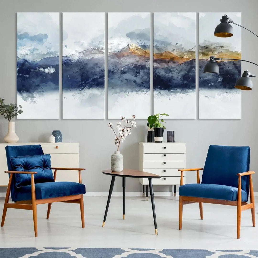 Abstract Mountain Range Art Canvas Print | 3 Panel Watercolor Landscape for Living Room, Office, or Bedroom | Large Ready-to-Hang Artwork