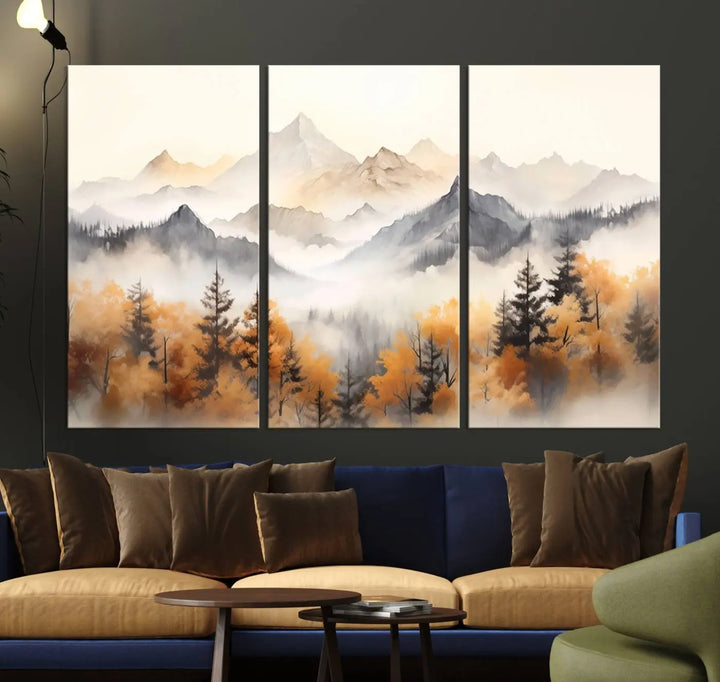 Abstract Mountain Wall Art | Misty Mountain Forest and Mountains Canvas Print for Living Room, Bedroom, Office | Large Wall Art Decor