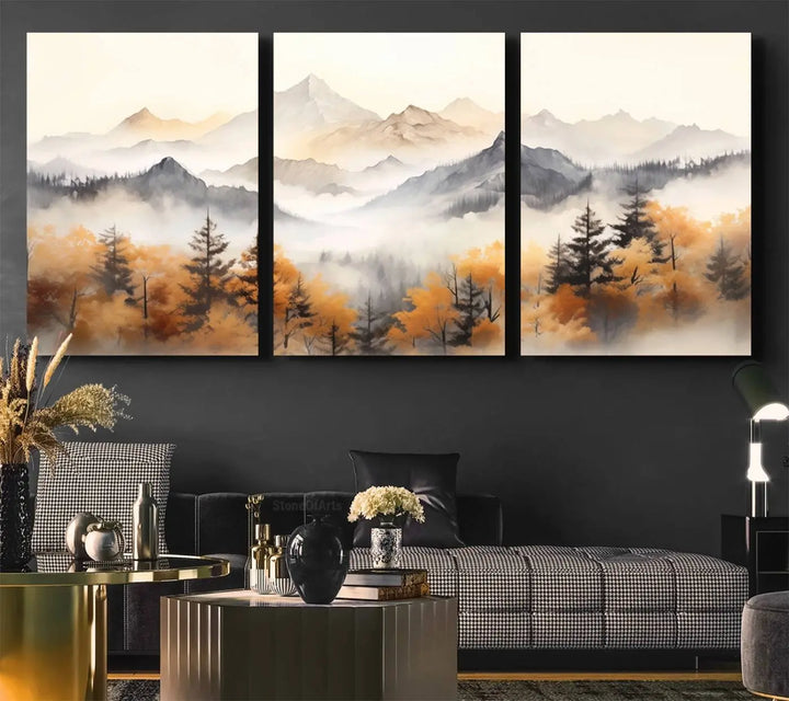 Abstract Mountain Wall Art | Misty Mountain Forest and Mountains Canvas Print for Living Room, Bedroom, Office | Large Wall Art Decor