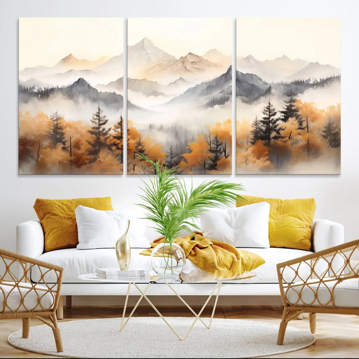 Abstract Mountain Wall Art | Misty Mountain Forest and Mountains Canvas Print for Living Room, Bedroom, Office | Large Wall Art Decor