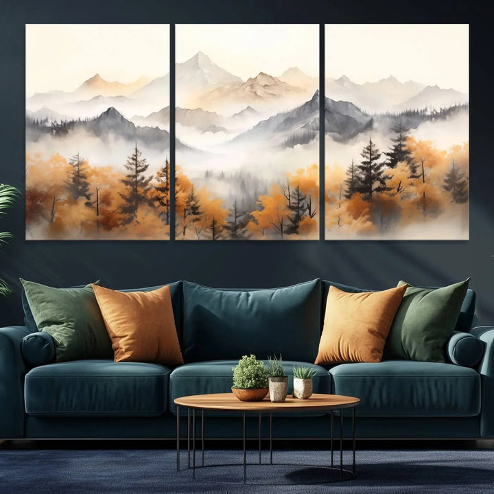 Abstract Mountain Wall Art | Misty Mountain Forest and Mountains Canvas Print for Living Room, Bedroom, Office | Large Wall Art Decor