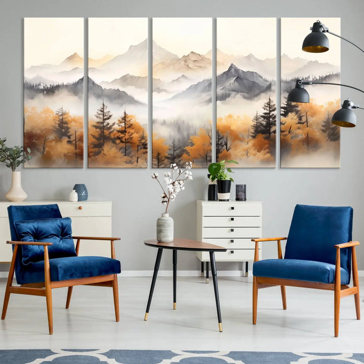 Abstract Mountain Wall Art | Misty Mountain Forest and Mountains Canvas Print for Living Room, Bedroom, Office | Large Wall Art Decor