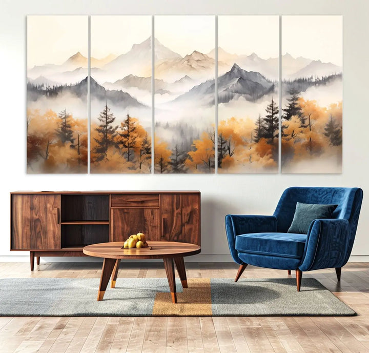 Abstract Mountain Wall Art | Misty Mountain Forest and Mountains Canvas Print for Living Room, Bedroom, Office | Large Wall Art Decor