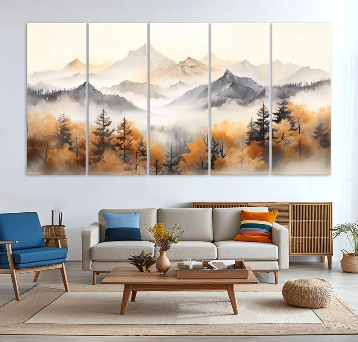 Abstract Mountain Wall Art | Misty Mountain Forest and Mountains Canvas Print for Living Room, Bedroom, Office | Large Wall Art Decor