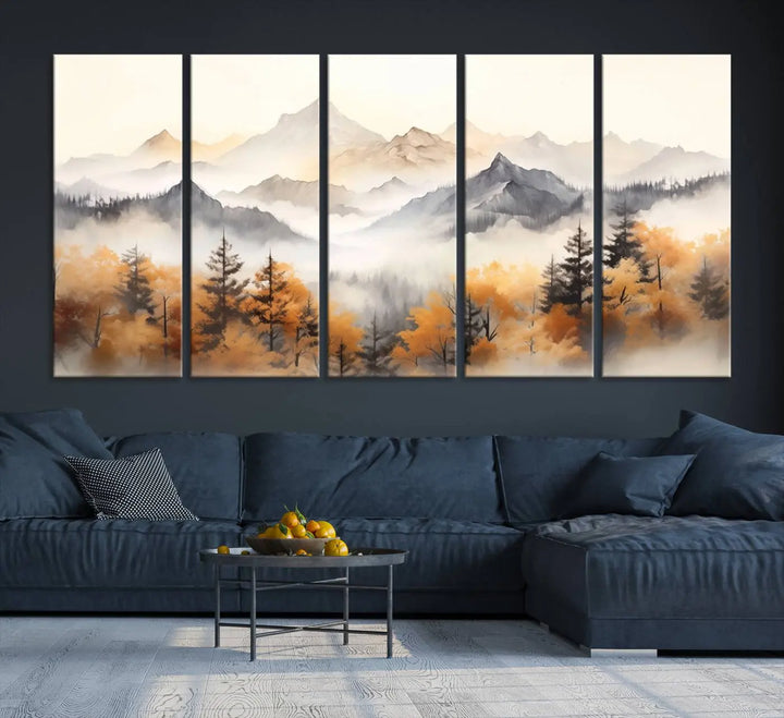 Abstract Mountain Wall Art | Misty Mountain Forest and Mountains Canvas Print for Living Room, Bedroom, Office | Large Wall Art Decor