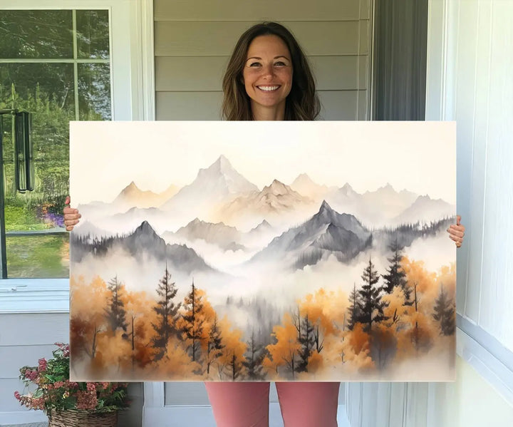 Abstract Mountain Wall Art | Misty Mountain Forest and Mountains Canvas Print for Living Room, Bedroom, Office | Large Wall Art Decor
