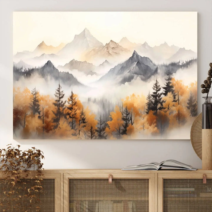 Abstract Mountain Wall Art | Misty Mountain Forest and Mountains Canvas Print for Living Room, Bedroom, Office | Large Wall Art Decor
