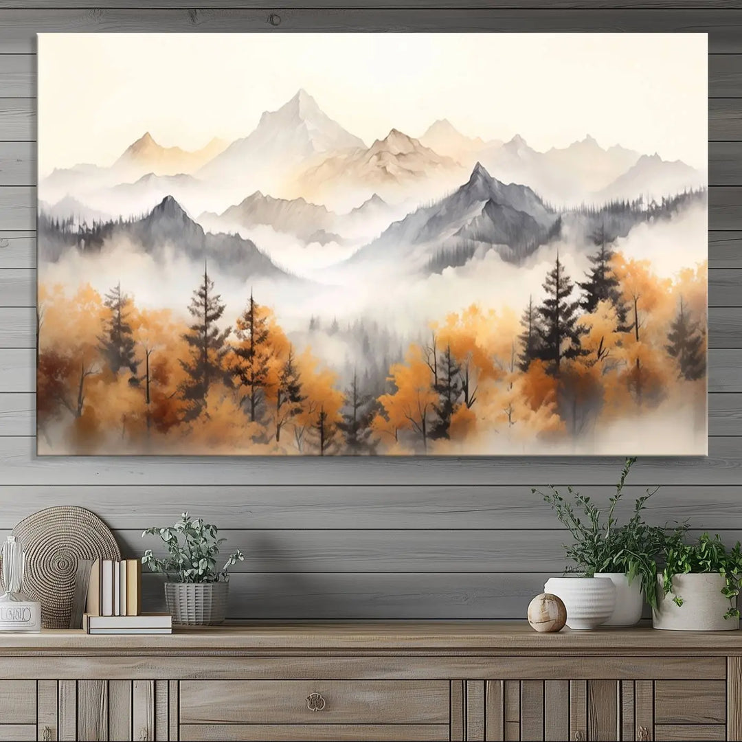 Abstract Mountain Wall Art | Misty Mountain Forest and Mountains Canvas Print for Living Room, Bedroom, Office | Large Wall Art Decor