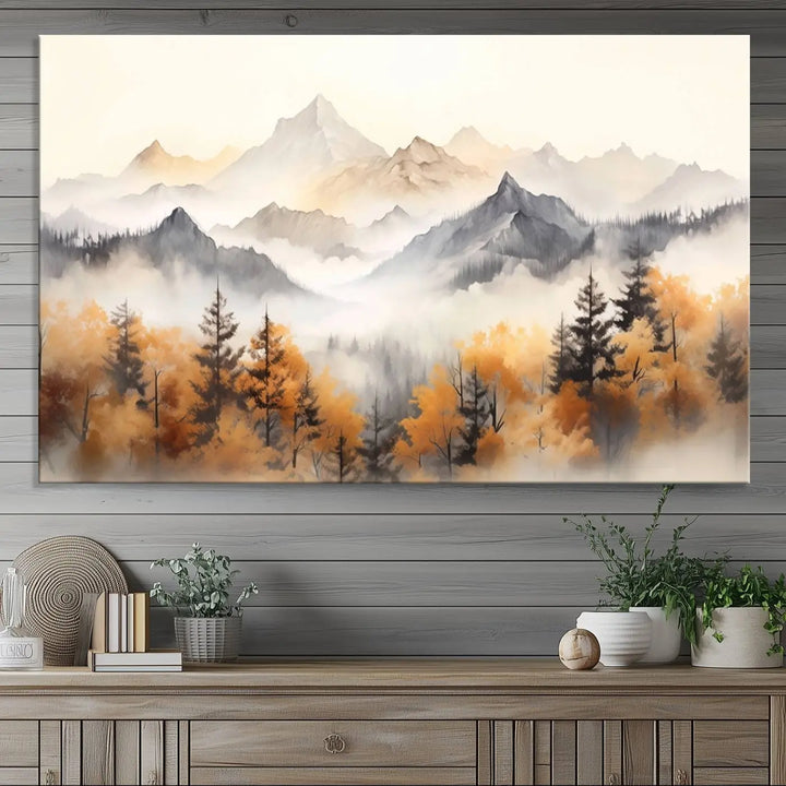 Abstract Mountain Wall Art | Misty Mountain Forest and Mountains Canvas Print for Living Room, Bedroom, Office | Large Wall Art Decor