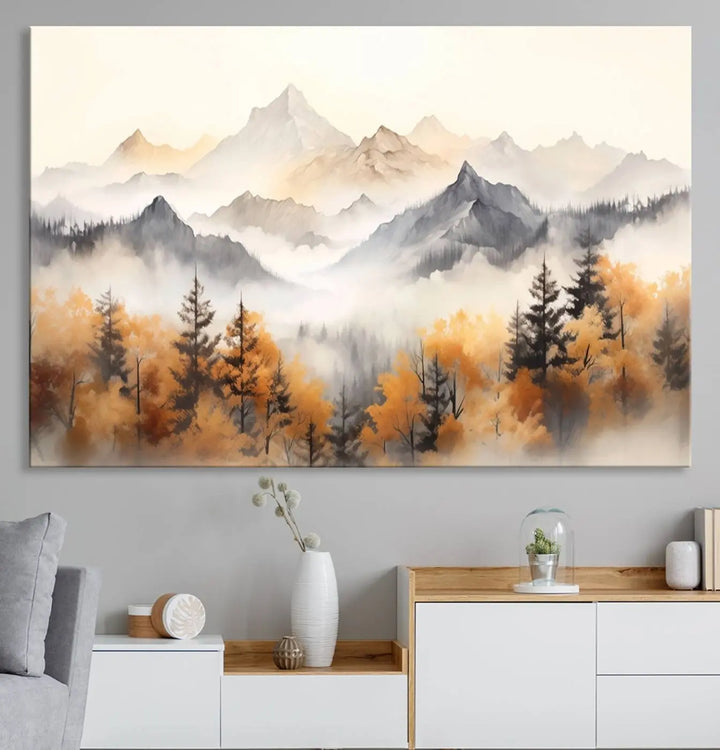 Abstract Mountain Wall Art | Misty Mountain Forest and Mountains Canvas Print for Living Room, Bedroom, Office | Large Wall Art Decor