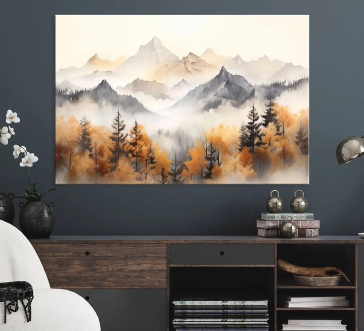 Abstract Mountain Wall Art | Misty Mountain Forest and Mountains Canvas Print for Living Room, Bedroom, Office | Large Wall Art Decor