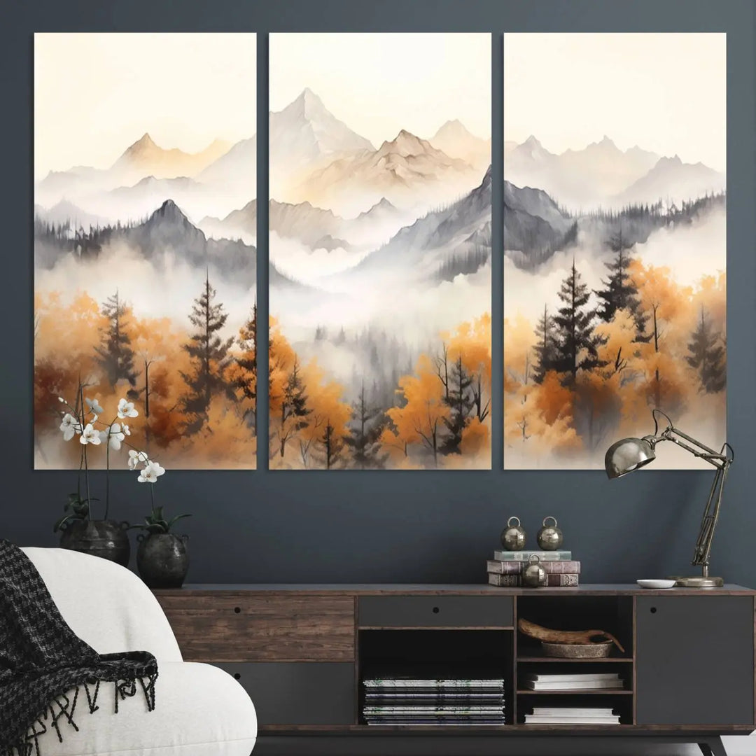 Abstract Mountain Wall Art | Misty Mountain Forest and Mountains Canvas Print for Living Room, Bedroom, Office | Large Wall Art Decor