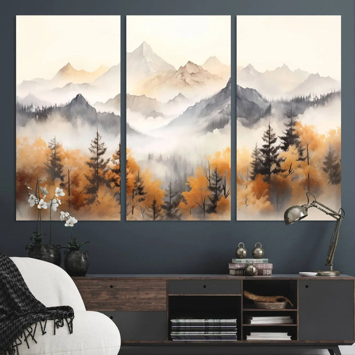 Abstract Mountain Wall Art | Misty Mountain Forest and Mountains Canvas Print for Living Room, Bedroom, Office | Large Wall Art Decor