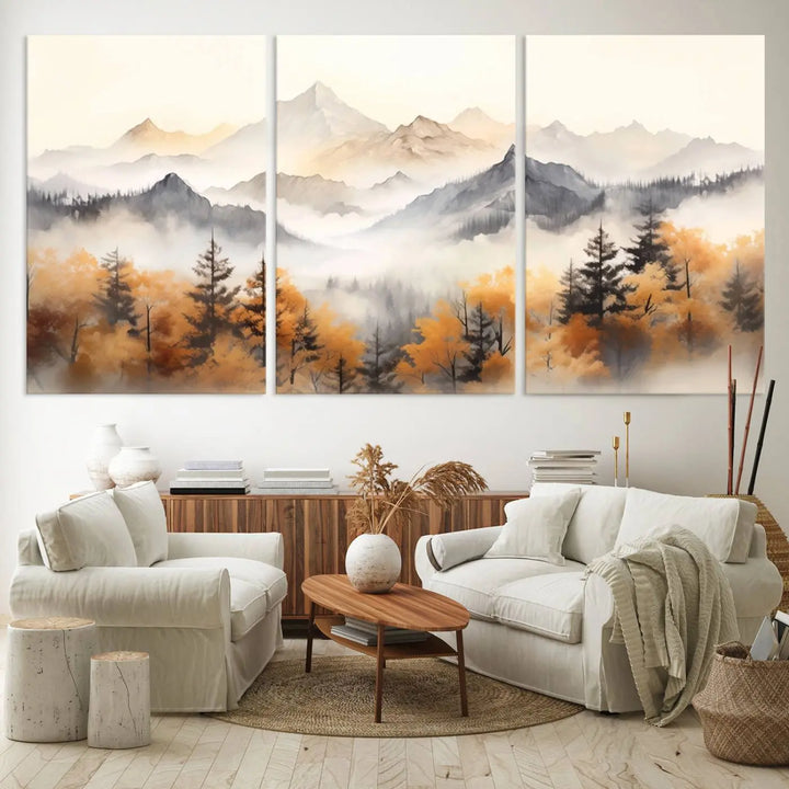 Abstract Mountain Wall Art | Misty Mountain Forest and Mountains Canvas Print for Living Room, Bedroom, Office | Large Wall Art Decor