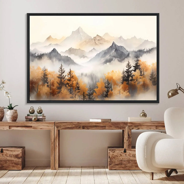 Abstract Mountain Wall Art | Misty Mountain Forest and Mountains Canvas Print for Living Room, Bedroom, Office | Large Wall Art Decor