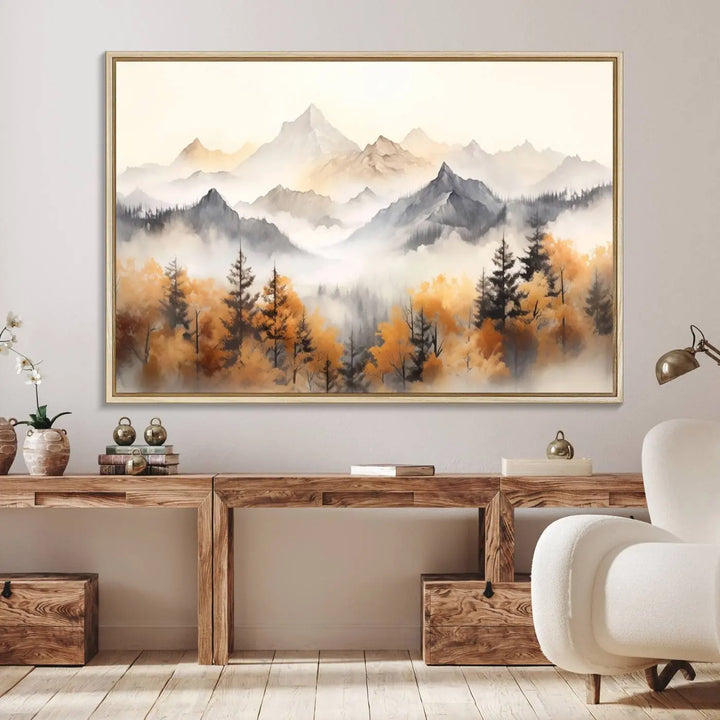 Abstract Mountain Wall Art | Misty Mountain Forest and Mountains Canvas Print for Living Room, Bedroom, Office | Large Wall Art Decor