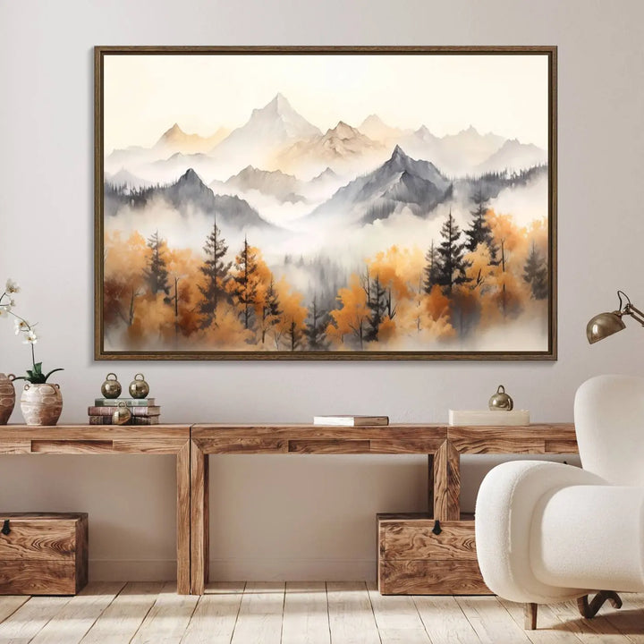 Abstract Mountain Wall Art | Misty Mountain Forest and Mountains Canvas Print for Living Room, Bedroom, Office | Large Wall Art Decor