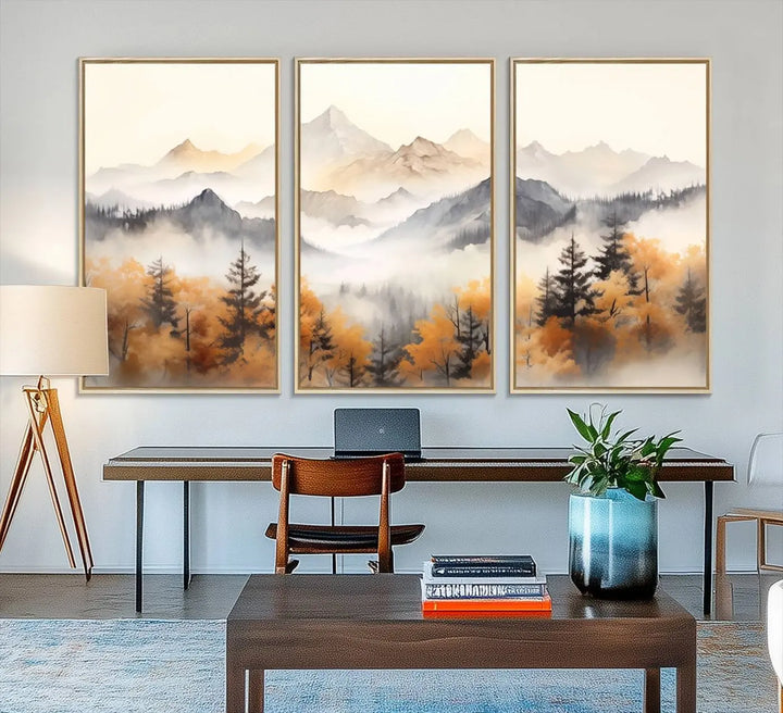 70049-MGV-FC-48X32-3P_Natural-Abstract Mountain Wall Art | Misty Mountain Forest and Mountains Canvas Print for Living Room, Bedroom, Office | Large Wall Art Decor