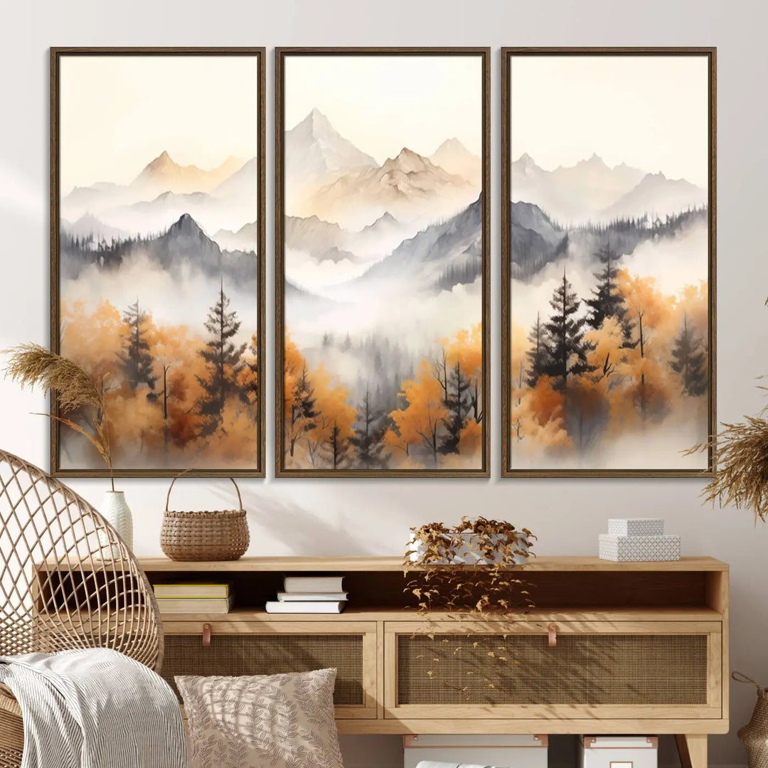 70049-MGV-FC-48X32-3P_Walnut-Abstract Mountain Wall Art | Misty Mountain Forest and Mountains Canvas Print for Living Room, Bedroom, Office | Large Wall Art Decor