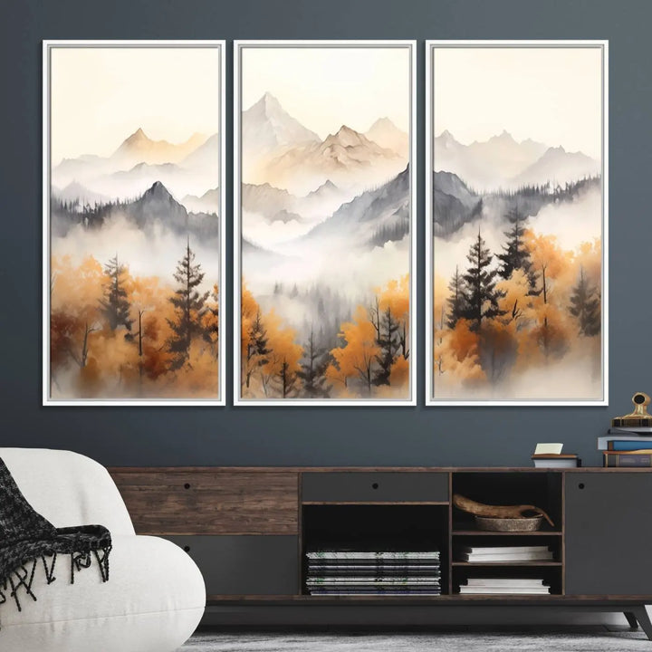 70049-MGV-FC-48X32-3P_White-Abstract Mountain Wall Art | Misty Mountain Forest and Mountains Canvas Print for Living Room, Bedroom, Office | Large Wall Art Decor