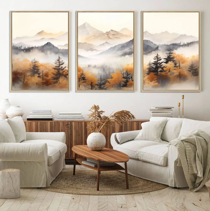 70049-MGV-FC-60X30-3P_Natural-Abstract Mountain Wall Art | Misty Mountain Forest and Mountains Canvas Print for Living Room, Bedroom, Office | Large Wall Art Decor