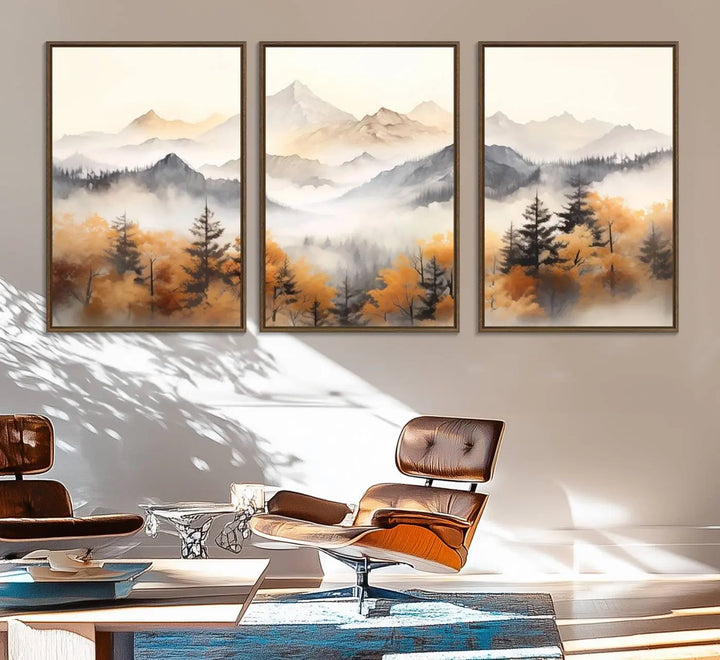 70049-MGV-FC-60X30-3P_Walnut-Abstract Mountain Wall Art | Misty Mountain Forest and Mountains Canvas Print for Living Room, Bedroom, Office | Large Wall Art Decor
