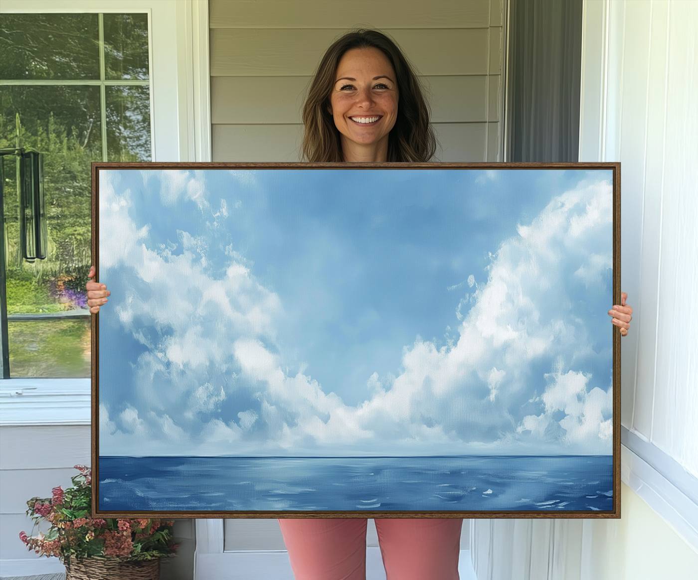 57554-MGV-FC-36X24_Walnut-Abstract Ocean Print Artwork- Serene Blue Ocean Canvas Wall Art - Minimalist Ocean and Sky Canvas for Modern Coastal Decor
