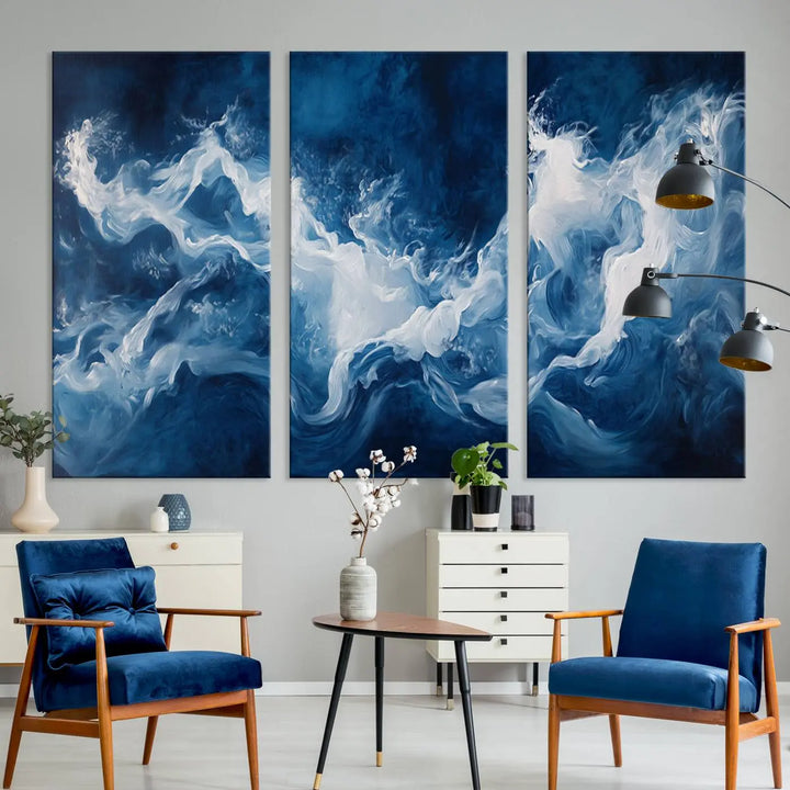 The room features an Abstract Ocean Storm Canvas Art in deep blue and white.