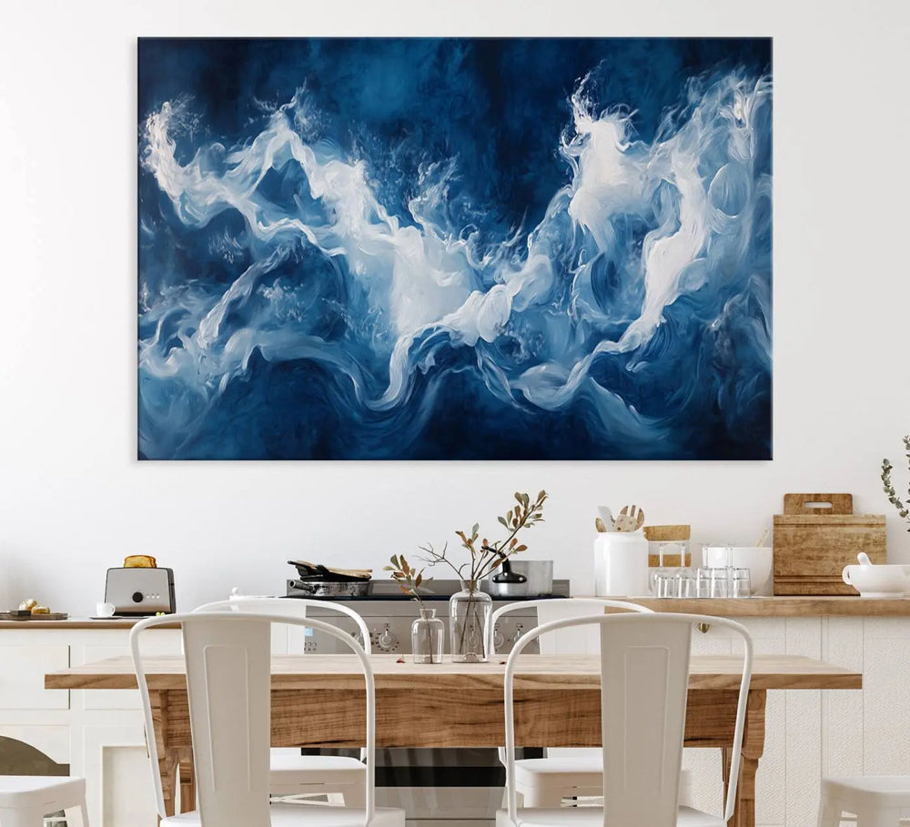 The room features an Abstract Ocean Storm Canvas Art in deep blue and white.