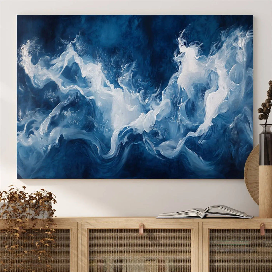 The room features an Abstract Ocean Storm Canvas Art in deep blue and white.