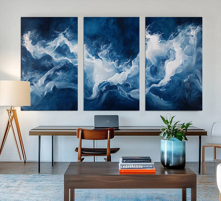 The room features an Abstract Ocean Storm Canvas Art in deep blue and white.