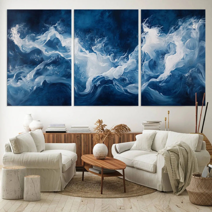 The room features an Abstract Ocean Storm Canvas Art in deep blue and white.