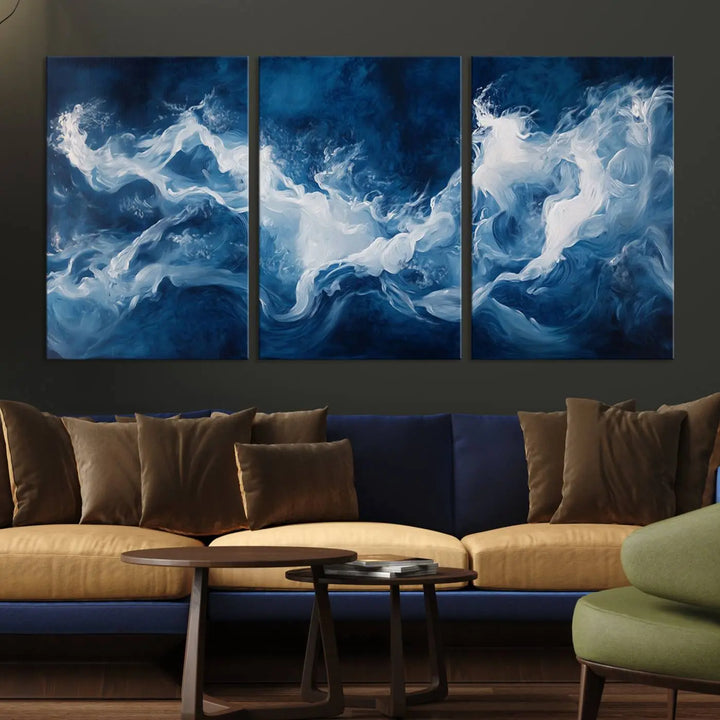 The room features an Abstract Ocean Storm Canvas Art in deep blue and white.