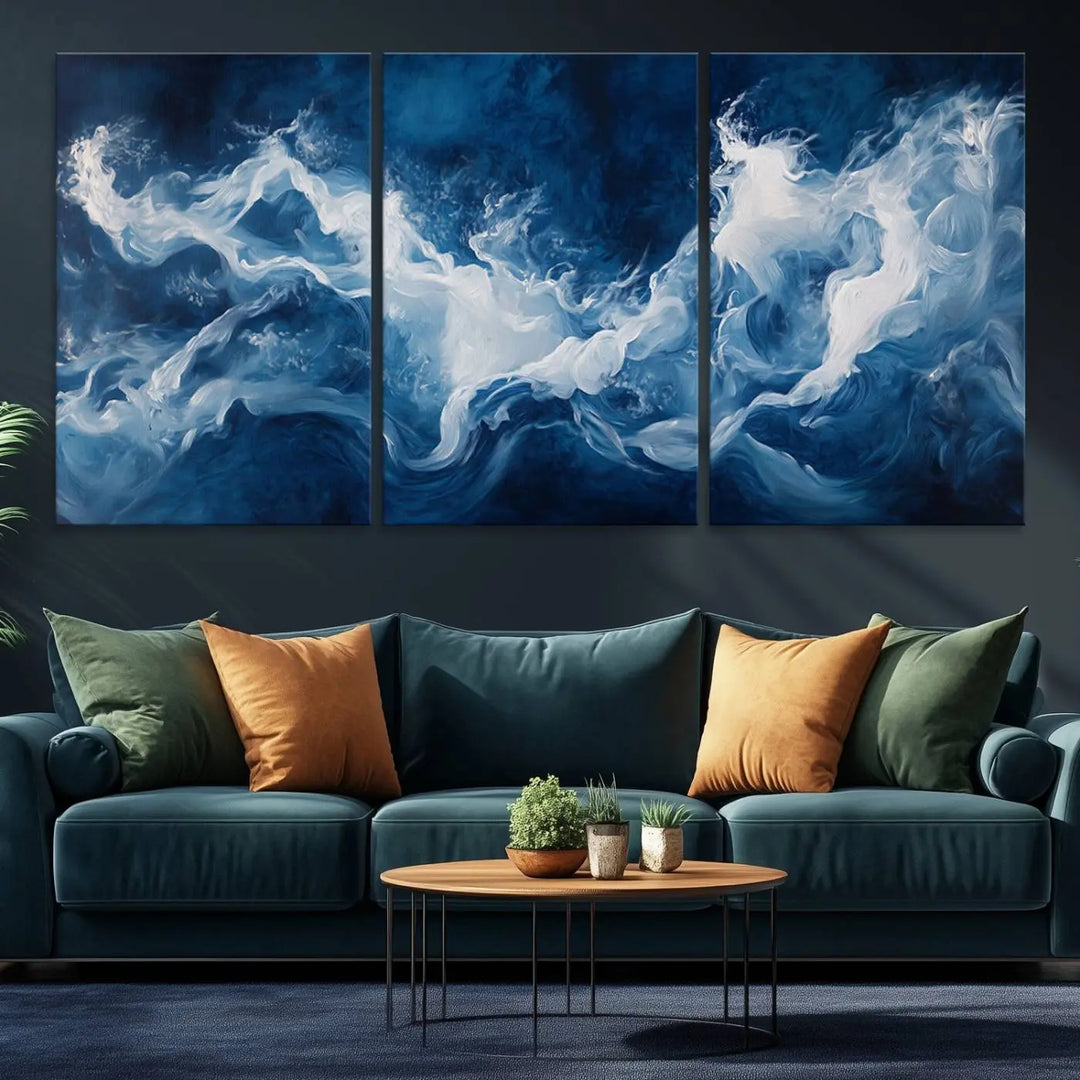 The room features an Abstract Ocean Storm Canvas Art in deep blue and white.